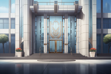 In front of the main entrance of the office building