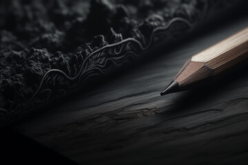 Close-up of black pencil on dark surface.