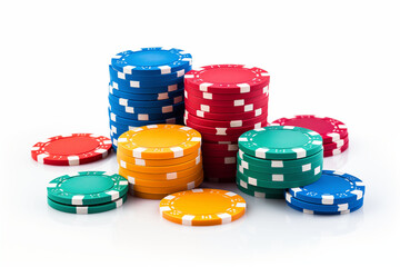 Colorful casino chips isolated on white background.