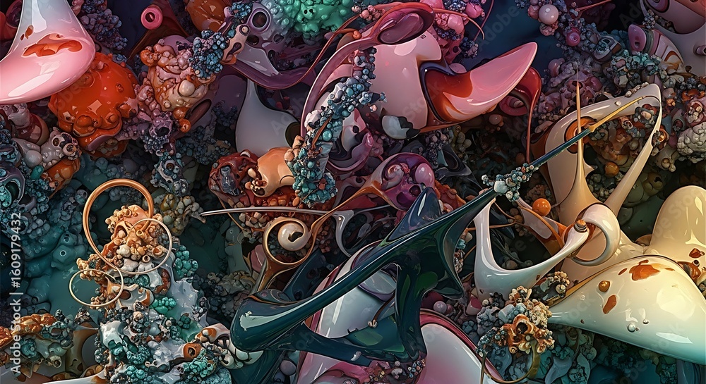 Aufkleber abstract organic forms with glossy textures and intricate detailing in a surreal composition ai gene