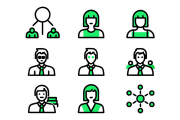 Professional collection of clean line art graphics depicting various business professionals engaged in office activities and teamwork scenarios