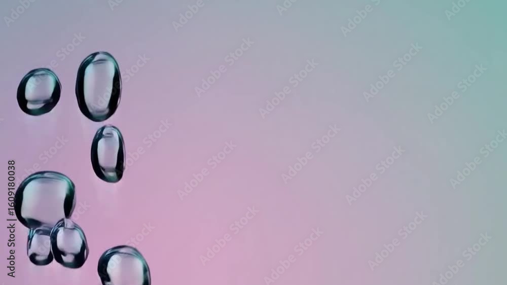 Poster a close-up of water droplets against a smooth, gradient background. the bubbles reflect light, creat