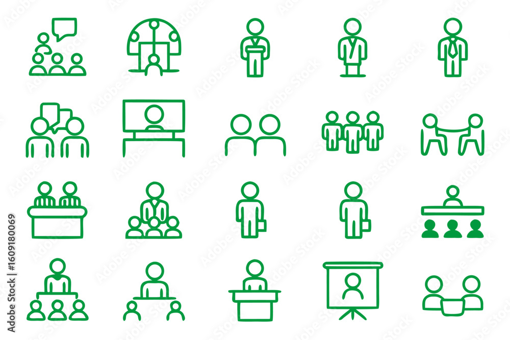 Poster professional business presentation line icons set featuring editable graphics for diverse corporate 