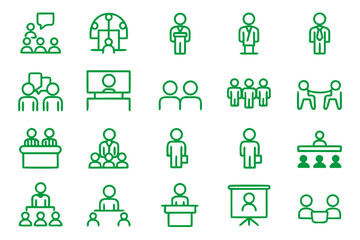 Professional business presentation line icons set featuring editable graphics for diverse corporate applications and projects