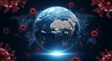 Planet Earth from space surrounded by red coronavirus particles, symbolizing a global pandemic and worldwide health crisis.