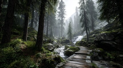 Obraz premium Misty Forest Path With Waterfall In Mountains