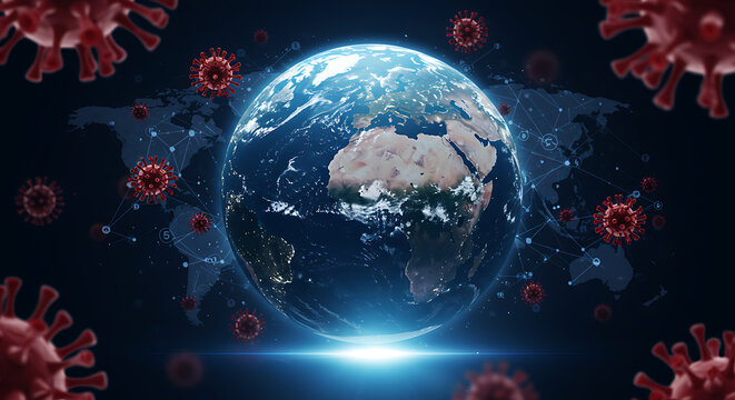 Planet Earth from space surrounded by red coronavirus particles, symbolizing a global pandemic and worldwide health crisis. - Powered by Adobe