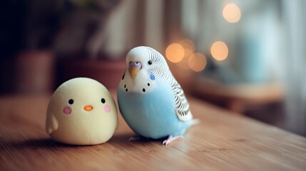 Domestic budgie bird sitting beside small toy companion adorable pet scene captured in cozy home setup