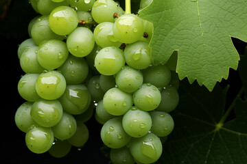 Dew-kissed grapes, plump and juicy on green grapes