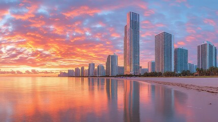 Obraz premium Sunrise over Miami Beach skyline reflected in calm water