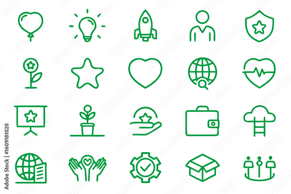 Poster business value line art icons set featuring key performance indicators and financial growth concepts