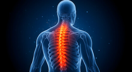 Anatomical Back View Transparent Man with Glowing Spine in Blue and Red Showcasing Musculoskeletal System