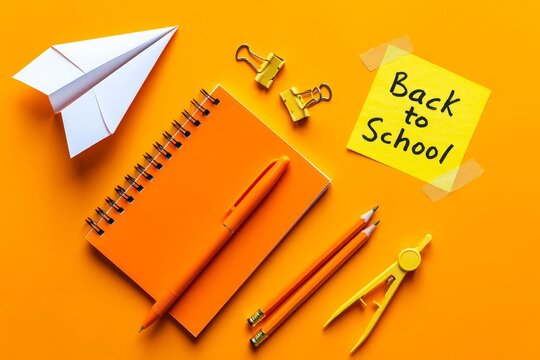 Paper airplane, sticky note with text BACK TO SCHOOL and different stationery on orange background.