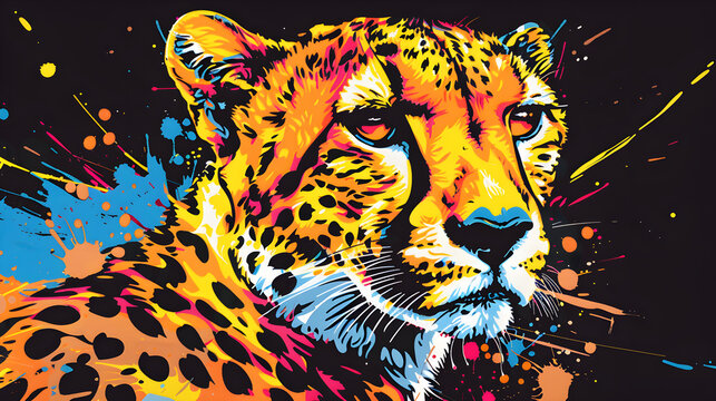 
Colorful portrait of a cheetah on a dark isolated background in pop art style. WPAP style.