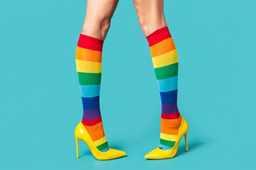 Legs of young woman in colorful stockings and yellow high heels on blue background.