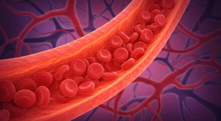 A detailed illustration of red blood cells flowing through a blood vessel, part of the human circulatory system.