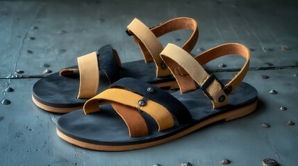 Dual tone sandals with tan and black suede and leather straps held by hand over gray background with rivets