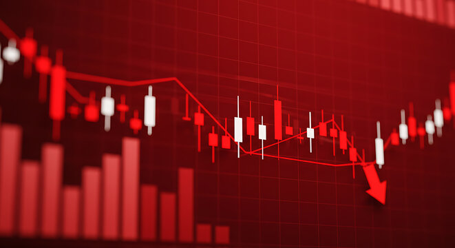 A declining red stock market graph with a downward arrow symbolizes a financial crisis and economic recession.