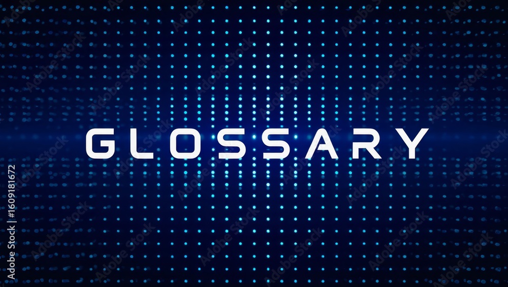 Poster glossary text word with lens flare and depth of field focus blur modern background.