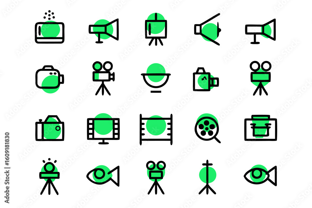 Poster clean and modern line art camera icon set featuring editable stroke for versatile graphic design app