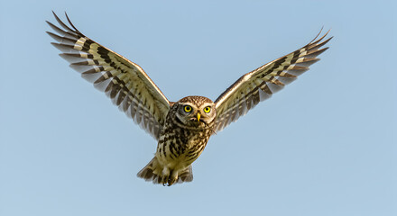 Burrowing Owl Glides Through the Blue Sky With Fully Extended Wings Displaying Detailed Brown and White Feathers and