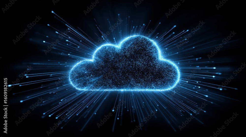 Poster dynamic glowing cloud bursts with futuristic digital data streams against dark background