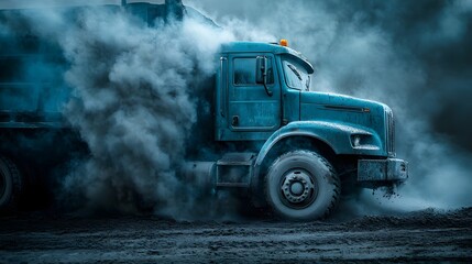 A powerful blue semi truck speeds along a dirt road, kicking up clouds of dust and debris, creating a dramatic scene of transportation and motion on the terrain.