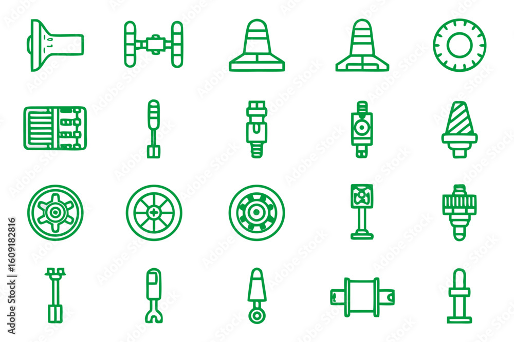 Poster comprehensive collection of automotive components presented as clean line art icons for easy integra