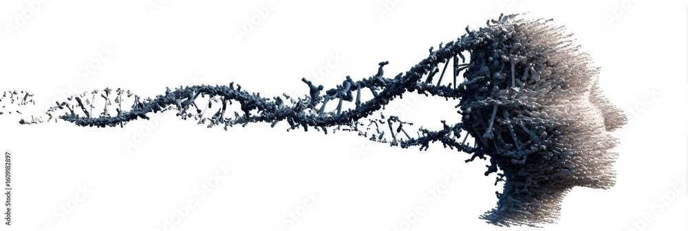 Poster dna spiral shaping a brain silhouette with an open right edge showcasing a connection between geneti