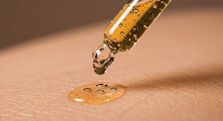 Close up Golden Serum Dropping onto Skin in Macro Shot for Beauty Treatment and Hydration