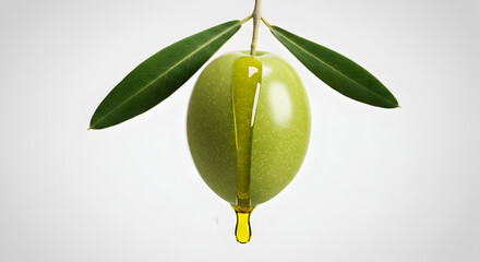Obraz premium Close Up of a Ripe Green Olive with Branch and Dripping Golden Oil on Clean White Seamless Background for Culinary and