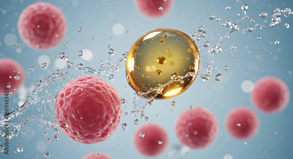 Poster close up of gold sphere surrounded by splashing water and floating red spheres on a soft blue gradie