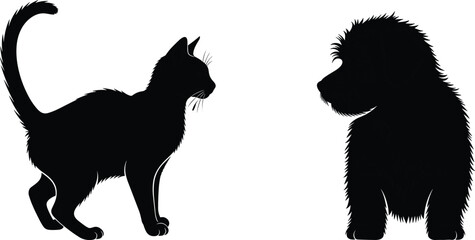 Cad drawing flat vector illustration of cat and dog silhouette facing each other, pet interaction, black and white minimalist art