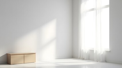 Narrow Window View with Sheer Curtains and Low Cabinet

