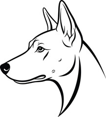 Dog head side profile silhouette in black flat vector cad drawing with pointed ears and elongated snout for pet design use