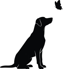 Dog sitting and watching butterfly silhouette in black cad vector style for curiosity, peace, emotional bonding and lifestyle illustration use