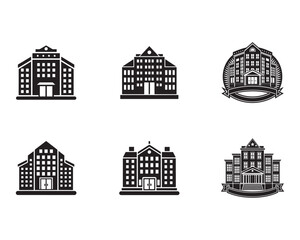 Collection of architectural building facade illustrations black and white silhouette set for institutional identity and branding purposes