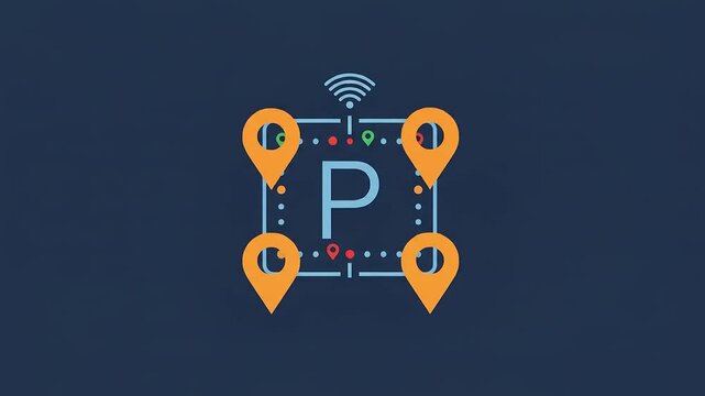 Digital illustration of a smart parking system with location markers and connectivity symbols