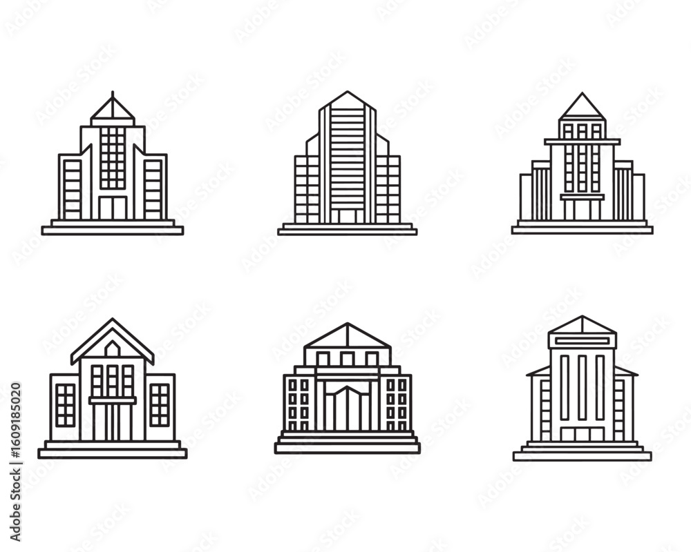 Poster collection of architectural building outline vector icons representing city skyline and urban develo