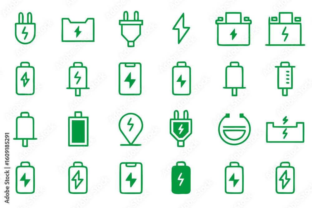 Aufkleber editable line art icons representing charging and power concepts in black and vibrant accent colors 