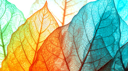 Macro leaves background. vibrant, abstract macro photograph of several translucent, overlapping skeletonized leaves. The image shows a beautiful color gradient