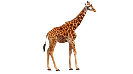 Obraz premium Tall giraffe standing upright with long neck and spotted fur isolated on white background