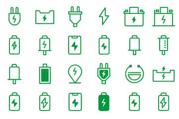 Editable line art icons representing charging and power concepts in black and vibrant accent colors for digital interfaces and presentations