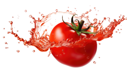 Fresh red tomato captured in mid-air with dynamic water splash effect isolated on white background