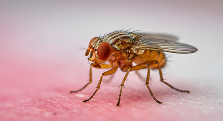 Detailed Macro Shot of a Small Yellow Fly with Orange Eyes and Patterned Wings on Pink Backdrop