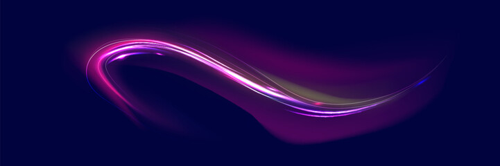 Neon line as speed or arc, turn, twist, bend in light effect. Light arc in neon colors, in the form of a turn and a zigzag. Abstract background in blue