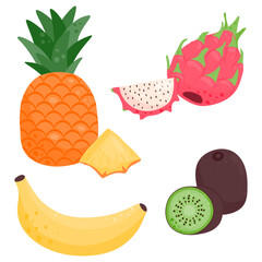 Set of ripe juicy fruits. Kiwi, banana, pineapple, pitaya.