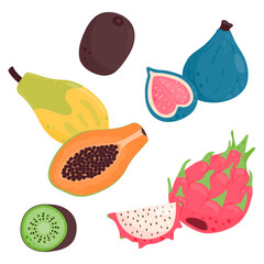 Set of ripe juicy fruits. Pattaya, kiwi, pitaya, fig.