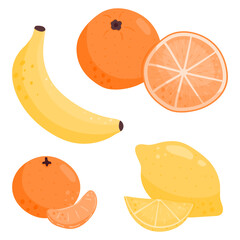 Set of ripe juicy fruits. Banana, tangerine, lemon and orange.