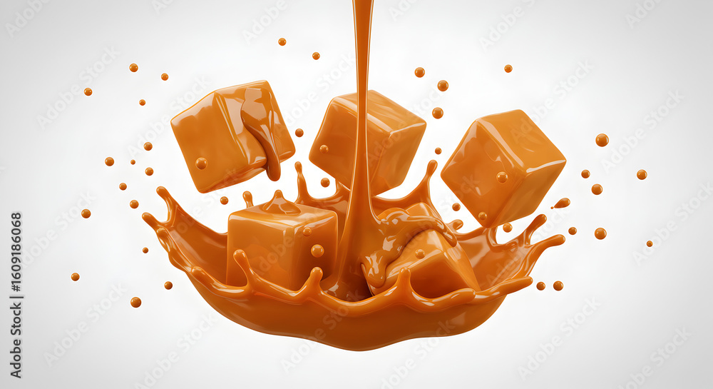 Poster dynamic caramel cubes in motion with pouring liquid and splashes against a clean white background